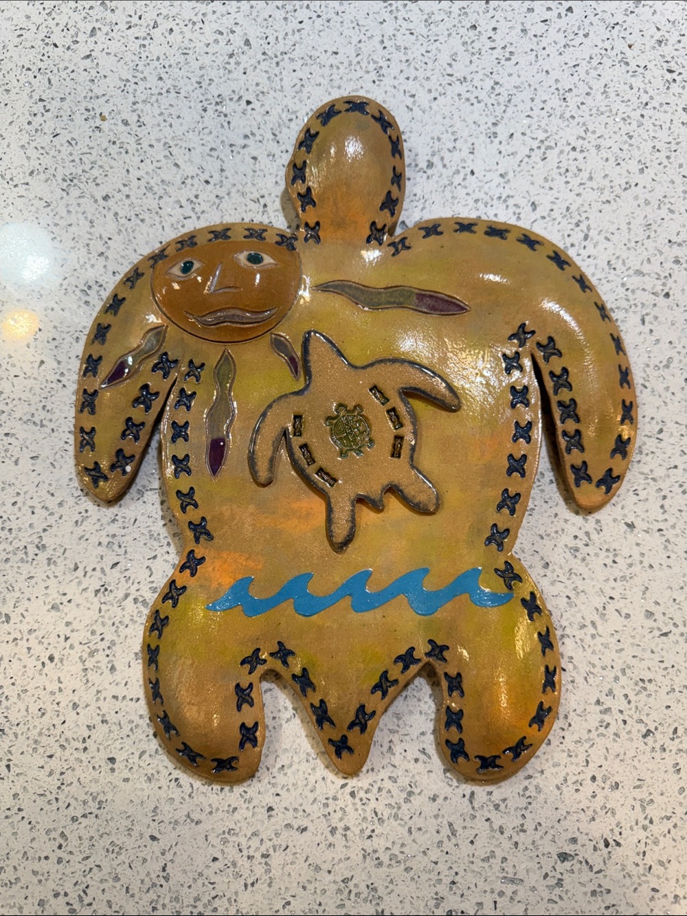 Hand Crafted Yellow and Blue Turtle Wall Sculpture